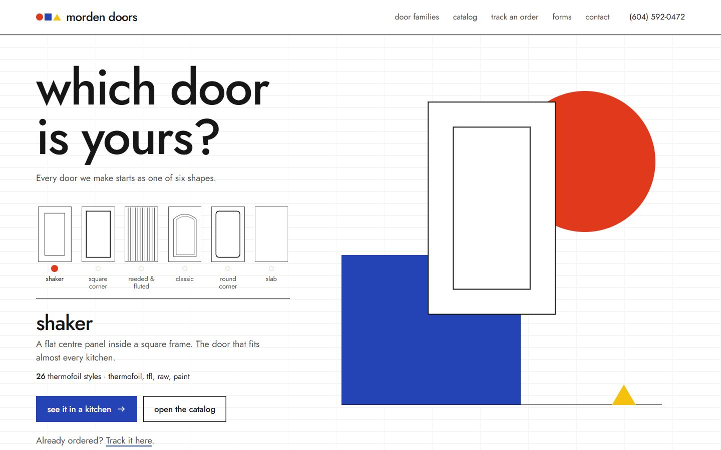 Profile Geometry home page: a large door drawing beside a red circle and blue square