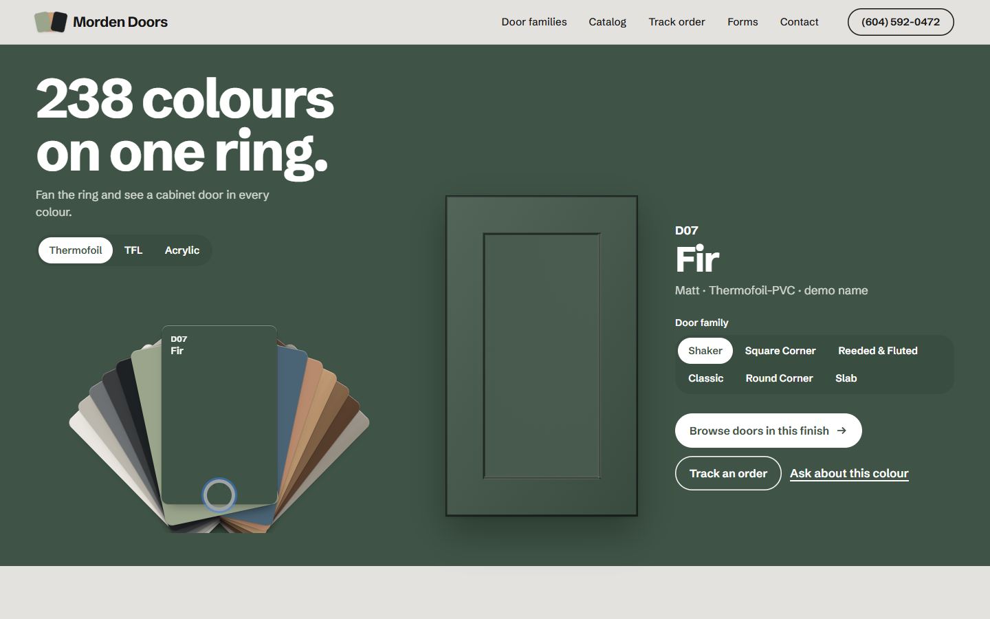 Sample Ring home page: a fanned ring of colour chips beside a door painted in the chosen colour